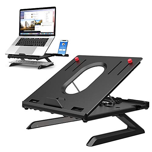 Laptop Stand Holder Built-in Foldable Legs&Phone Holder,8-Adjustable Height Laptop Riser,Klearlook Portable Air-Ventilation Ergonomic Notebook Support Tray Keybord Desk Storage for Laptop/Tablet-Black