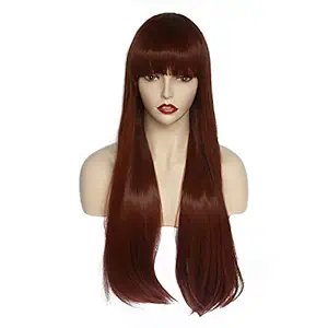 MissVig Straight Hair Wig Copper Red Orange Long Synthetic Wig With Bangs + Hair Cap Natural Long Hair Wig For Daily Hairstyles