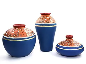 Thesoulartco Set of 3 Handmade Hand Crafted Hand Painted Matte Finished Tapered Blue Flower Vases with Beautiful Warli Paintings for Home Decoration Living Room and Gifting