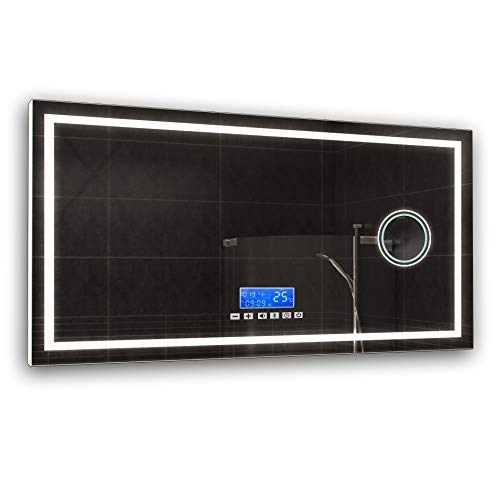 CUSTOM LED Illuminated Bathroom Mirror To Measure Custom Size with Solid Cover On The Back | Wall-Mounted Lighting Mirror A++ | Switch, MakeUp Mirror, Bluetooth Speaker, LCD Panel | Alpine White