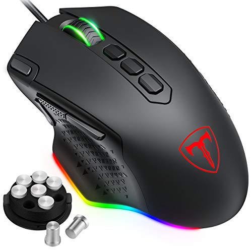 PICTEK Mouse Gaming RGB, Mouse da Gaming con 6 DPI (200/2400/5000/7200/12000), 10 Pulsanti Proggrammabili, Pulsanti di Beccaccino e Fuoco, Peso Staccabile, Disegno Ergonomico, Nero