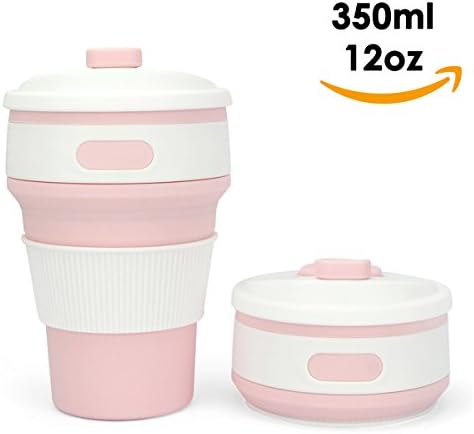 Reusable Coffee Cup-Collapsible Silicone Mug High Quality Leak Proof Folding Cup Free Telescopic Cup with Heat Insulation Coffee-Cup Sleeve for Coffee Lover and Outdoor Travel, 350ml - Pink