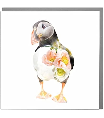 Artery8 Grußkarte Mit Puffin & Blumen - Blanko Innen, 17,5x12,5 Cm, Für Geburtstag & Dank