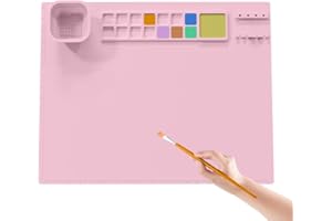 Hapihom Tapis de bricolage en silicone 50.8x40.6 cm pour enfants avec tasse pliable et porte-pinceaux, séparateurs de couleurs, tapis de peinture pour peinture artistique, argile rose