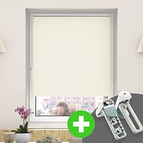 DESWIN Rollos - Set: Verdunkelungsrollo + Premium-Klemmhalter - 55 x 160 cm ALTWEISS - (KlemmFix Rollo mit Metallkette, Klemmhaltern, Rollo-Magnete, Halter zum Schrauben)