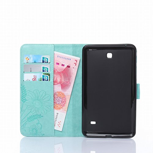 LEMORRY Samsung Galaxy Tap4 7.0 / T230 Hülle Unique Premium PU Flip Ledertasche Soft TPU Silikon Gummi Schutzhülle Schale Tasche Beutel Tasche Haut Card Stehen Bumper Magnetisch Schließung Rear Protection, Blume Schmetterling Drucken Grün - 4