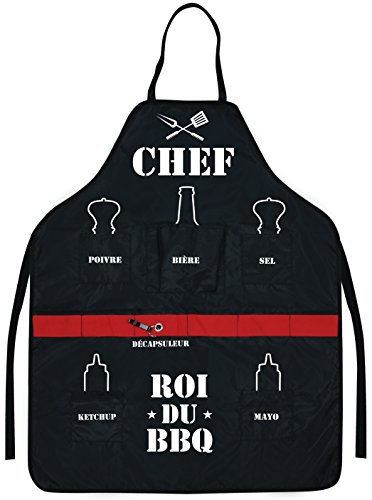 P2G - Tablier spécial BBQ - Barbecue - CHEF - Roi du BBQ - NJ203 - noir - 5 poches + décapsuleur inclus