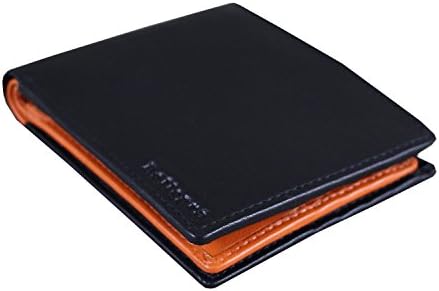 Men’s black (orange inside) RFID blocking hand-made genuine soft nappa leather classic pocket wallet with gift presentation bag holding 15 Cards plus 4 more storage pockets and 2 note compartments