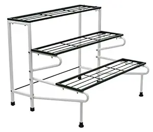 BTH COMPANY 3 Tier Metal Plant Stand, Plant Display Rack, Stand Shelf, Scrollwork Design, Indoor & Outdoor Flower Rack, Multifunctional Home Storage Organizer Shelf, 3 Layer Pot Holder with Built-in Handles - Black