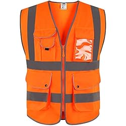 JKSafety 9 poches de classe 2"gilet de sécurité haute visibilité devant avec des bandes réfléchissantes, orange répond aux normes EN ISO 20471 - Unisexe(Moyen)