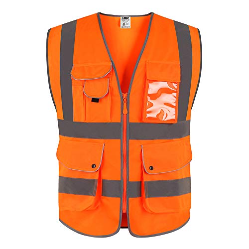 JKSafety 9 poches de classe 2"gilet de sécurité haute visibilité devant avec des bandes réfléchissantes, orange répond aux normes EN ISO 20471 - Unisexe(Moyen)