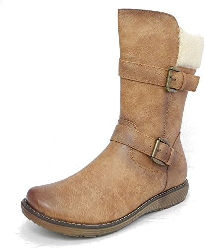 Womens Cats Eyes Leather Look Mid Calf Winter Boots TAN BROWN SIZE 6