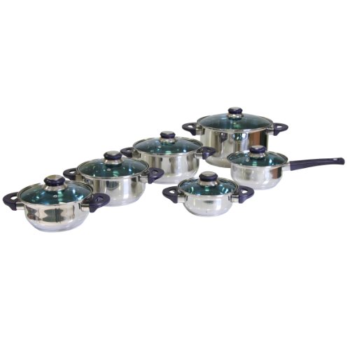 Ribelli Topfset Karin aus Edelstahl, Kochgeschirr spülmaschinengeeignet verkapselter Sandwichboden Kochtopf-Set, Töpfe mit Glasdeckel/Stieltopf, 12-teilig