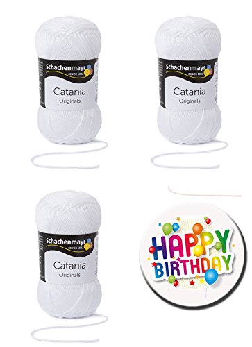 Alle Farben wählbar Catania 0106 WEISS Schachenmayr Qualität Strickgarn Häkelgarn: 100% gekämmte Baumwolle. Geschenk Wolle Häkeln Stricken 3er-Set +Geschenke Button Happy Birthday ©MakenGO