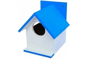 Wooden Bird House | Hanging Bird Nest Box for Small Birds | Outdoor Garden Bird Shelter | Easy Wall Mount | Blue & White