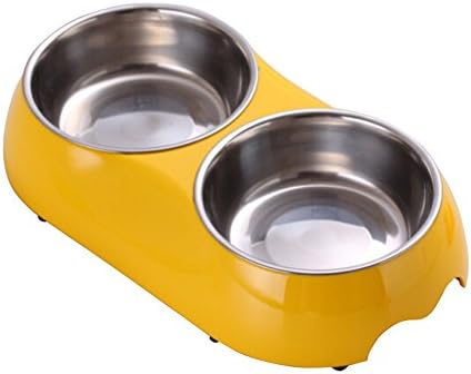 UKDEALS Small Yellow Double 2 in 1 Melamine Plastic Stainless Steel Non Skid Dog Puppy Cat Pet Bowl Pet Feeding Watering Supplies
