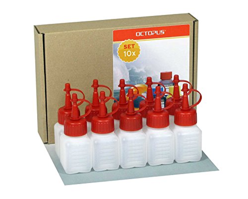 10 x 50 ml Octopus Kunststoffflaschen, Plastikflaschen aus HDPE mit roten Spritzverschlüssen bzw. Tropfverschlüssen, z.B. für E-Liquids / E-Zigaretten, chemikalienresistent, inkl. 10 Beschriftungsetiketten
