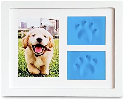 Dog or Cat Paw Prints Pet memorial Triple Photo Frame 4x6 With Clay Impression Kit, Perfect Keepsake picture Frame for Pet Lovers White/Blue