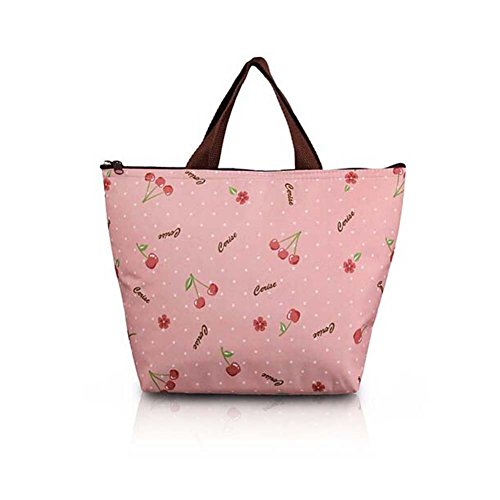 Moin®Portable Lunch Box Bag Tote Insulated Cooler Carry Bag for Travel Picnic 32*12*22cm Pink Cherry