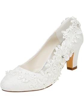 Emily Bridal Brautschuhe Frauen Seide wie Satin Stämmiger Absatz Absatzschuhe mit Stich Spitzen Blume Kristall...