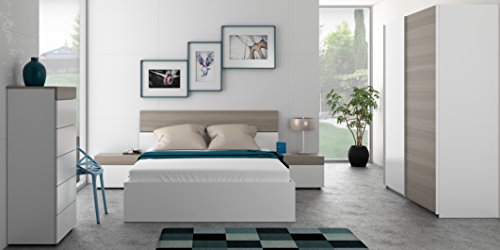 Habitdesign 0B6096BO - Cabezal y mesitas, acabado en Blanco Brillo y Fresno, medidas: 176x96,5 cm de altura