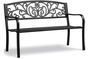 Yaheetech Trädgårdsbänk i metall, väderbeständig parkbänk, järnbänk, vilobänk för 2 3-sits, vintage sittbänk med ryggstöd arm