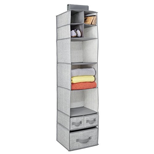 mDesign Stoff Hängeaufbewahrung und Kleiderschrank Organizer – Aufbewahrungssystem mit 7 Fächern und 3 Schubladen für Kleidung, Schuhe und Accessoires – grau