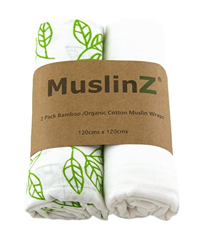 MuslinZ Large Bamboo/Organic Cotton Muslin Square Wrap for Swaddle (120 cm, White/Green Leaf Print, Pack of 2)