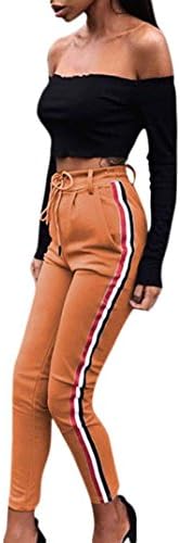 Leggings Women Pants,LILICAT Womens Casual Striped Pants Elastic High Waist Side Striped Track Pants Cropped Length OL Trousers Comfortable Leisure Gym Sports Joggers (Khaki, Size:M)