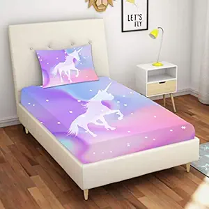 Hopcara Kids Velvet Designer Unicorn Printed Single Bedsheet with 1 Matching Pillow Cover (65x100 Inches)