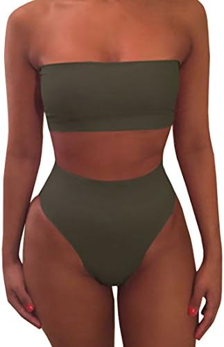 Sheler Women's 2 Piece Solid Bandeau Swimsuit Top Bottom Bikini Sets