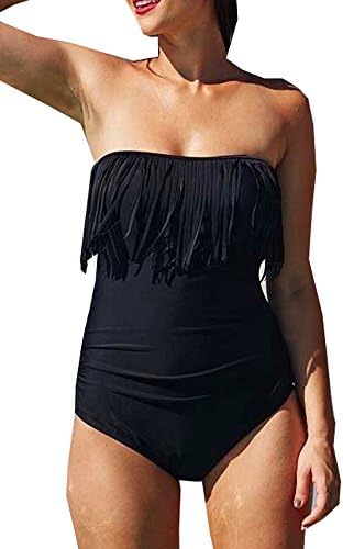 Greatgorgeous Women's Strapless Tassel One Piece Swimsuit Plus Size Monokini,Black,XL