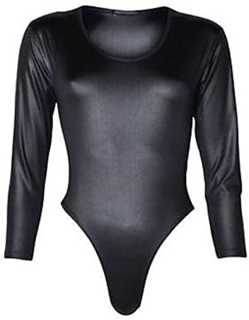 Online Fashion Store NEW BLACK PVC WET LOOK LONG SLEEVED LEOTARD BODYSUIT TOP SIZE 8-18 (XL (14-16))
