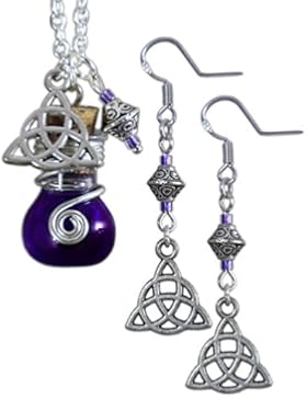 Katharina Fairytale Schutzamulett Set Kette Ohrringe Phiole Elixier der Hexe Violetta Triquetta Anhänger
