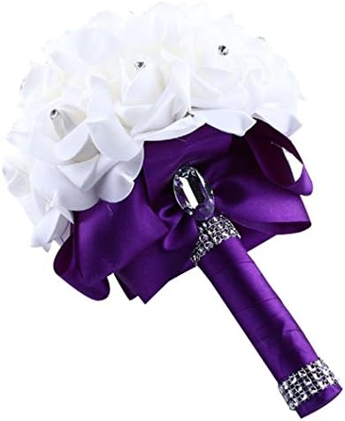 Winwintom Crystal Rose Pearl Bridesmaid Wedding Bouquet Artificial Silk Flowers (Purple)