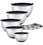 Chef Essential Stainless Steel Non-Slip Mixing Bowls Set with Lids and Graters, Set of 5, Black
