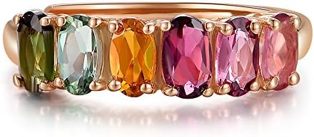 Trendylovers Natural Tourmaline Ring Multi Coloured Stone Band 18ct Rose Gold Plated Sterling Silver Statement Ring in Adjustable Size
