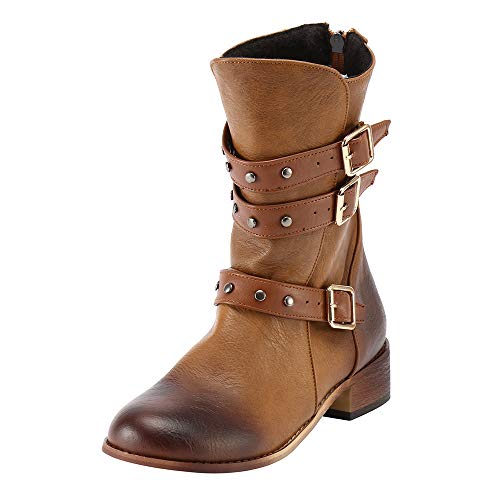 Preisvergleich Produktbild TianWlio Boots Stiefel Schuhe Stiefeletten Frauen Herbst Winter Retro Schuhe Schnalle Reißverschluss Rutschfeste Runde Zehennieten Mittlere Schlauchstiefel Weihnachten Braun 36