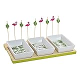 Tiene un Estilo Trópical y muy Original con Diseño de cactus y flamencos, además en uno de sus cuencos aparece una frase Divertida "Good tapas good friends"