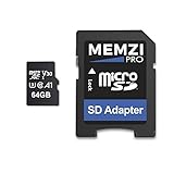 SDXC-Adapter im Lieferumfang enthalten. memzi pro 100 MB/s Micro SD-Speicherkarten sind erhältlich in 32 GB, 64 GB, 128 GB oder 256 GB Speicherkapazität. Lieferung in verschweißter grün Verpackung und unterstützt mit einer 5-Jahres-Umtausch-Garantie von memzi