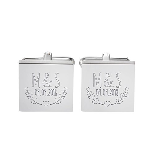 Gravado Boutons de Manchette Carrés en Inox pour Homme, Lauriers et Cur, Personnalisés avec Initiales et Date, Couleur Argent