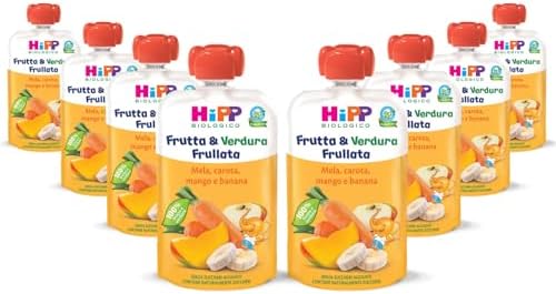 HiPP - Frutta e Verdura Frullata, Gusto Mela, Carota, Mango e Banana, 8 Confezioni da 90 G - 540 g