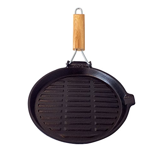 Big-BBQ Grill- und Steakpfanne aus Gusseisen | 22 cm mit festem oder klappbaren Holzgriff | Grillpfanne mit geriffeltem Boden oder als Bratpfanne mit glattem Boden und hohen Rand | fertig eingebrannt und sofort einsatzbereit | Ausführung: #4 Rund mit Klappgriff - 3