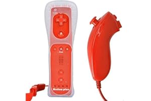 BIGFOX 2 en 1 Mando Plus con Motion Plus y Nunchunk para Nintendo Wii/Wii U (Opcional a Seis Colores) y Funda de Silicona - Rojo