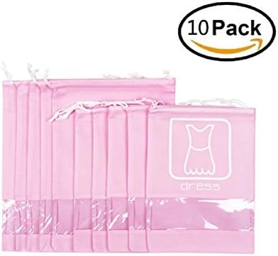 SFGHOUSE Pack of 10 Dustproof Storage Organizer Drawstring Travel Pouch Bags with Transparent Window for shoes, clothes, underwear, make up etc Pink