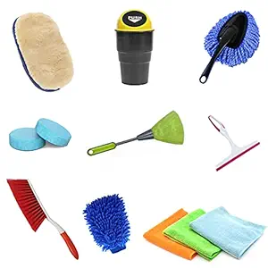 Kanya Car Cleaning Kit Car Cleaning Accessories (Dustbin/Washing Pad/Mini Duster/2Pcs Magic Tablet/3Pcs Cloth 300GSM/Wiper/Ac Brush/Brush/Gloves) 12 Pcs Combo Pack