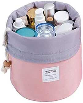 Travel Makeup Bag Cosmetic Pouch Organizer Women Girls Large Capacity Barrel Shaped Nylon Hanging Toiletry Wash Bag Drawstring Waterproof Pink Makeup Storage Bags