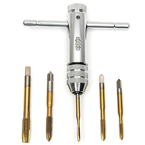 Fortag 5tlg Gewindebohrer Set HSS Rechte Hand Handgewindebohrer Satz Schälanschnitt Titan-beschichtet M3-M8+Werkzeughalter mit Knarre mit verschiebbarem Griff - 4