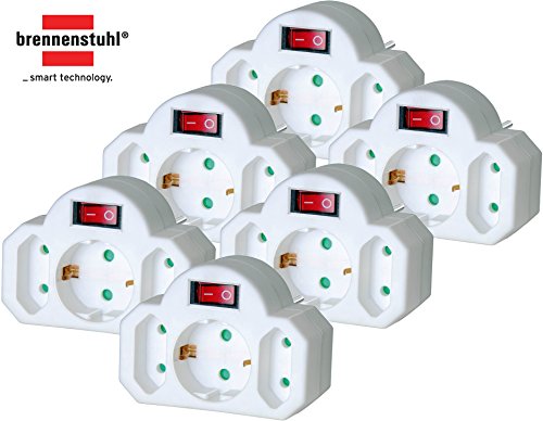 6 Stück Brennenstuhl Mehrfachsteckdose, Steckdosenadapter 3-fach mit Schalter zum Stromsparen (2 x Eurosteckdose & 1 x Schutzkontakt) Farbe: weiß