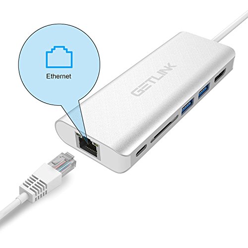 USB C Hub ,Getlink Typ C Hub mit USB C Ladeanschluss, HDMI Port 4K, Gigabit LAN, SD-Kartenleser, 2 USB 3.0 Port Adapter für Typ C Geräte wie MacBook Air, MacBook Pro, Mac Mini, Google Chromebook (Silber) - 7
